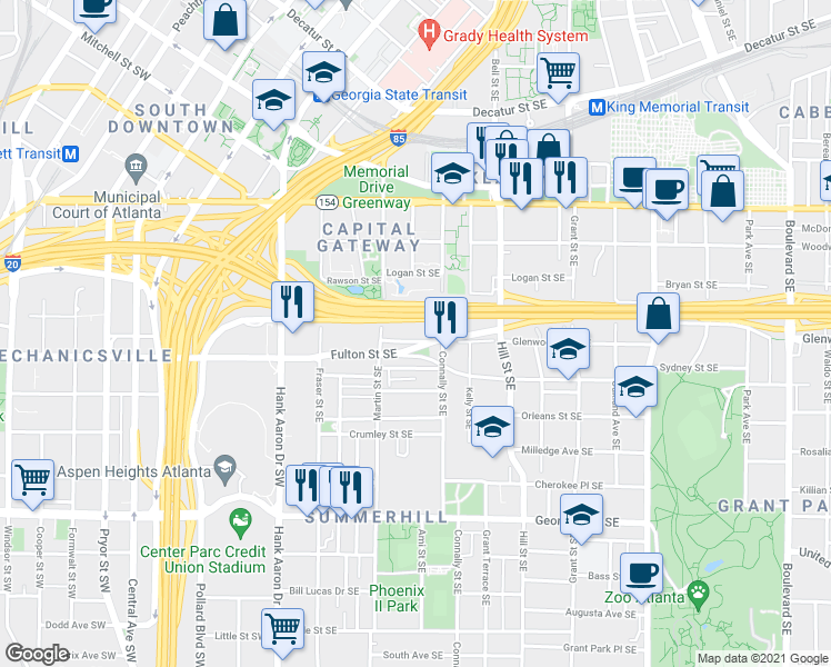 map of restaurants, bars, coffee shops, grocery stores, and more near 148 Glenwood Avenue Southeast in Atlanta