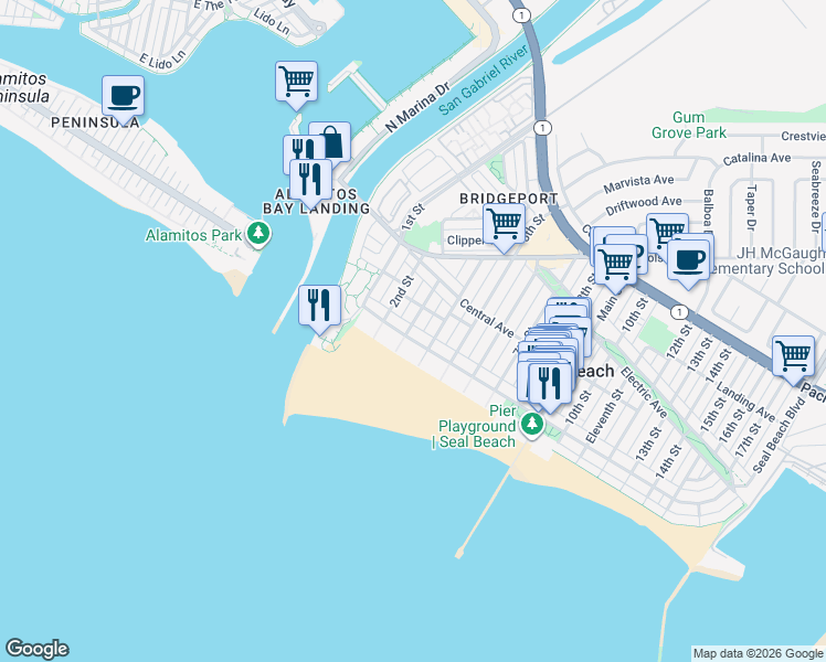 map of restaurants, bars, coffee shops, grocery stores, and more near 301 Ocean Avenue in Seal Beach
