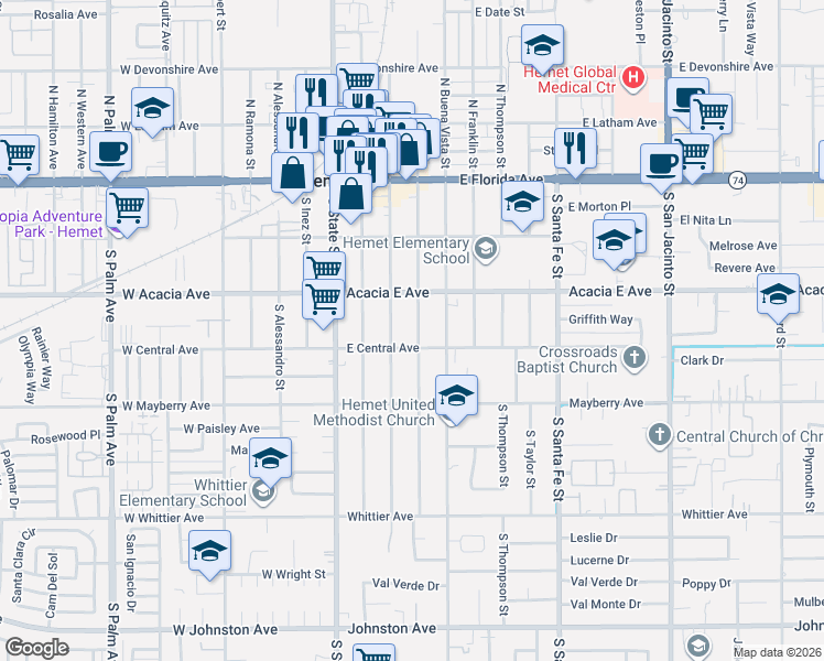 map of restaurants, bars, coffee shops, grocery stores, and more near 345 South Juanita Street in Hemet