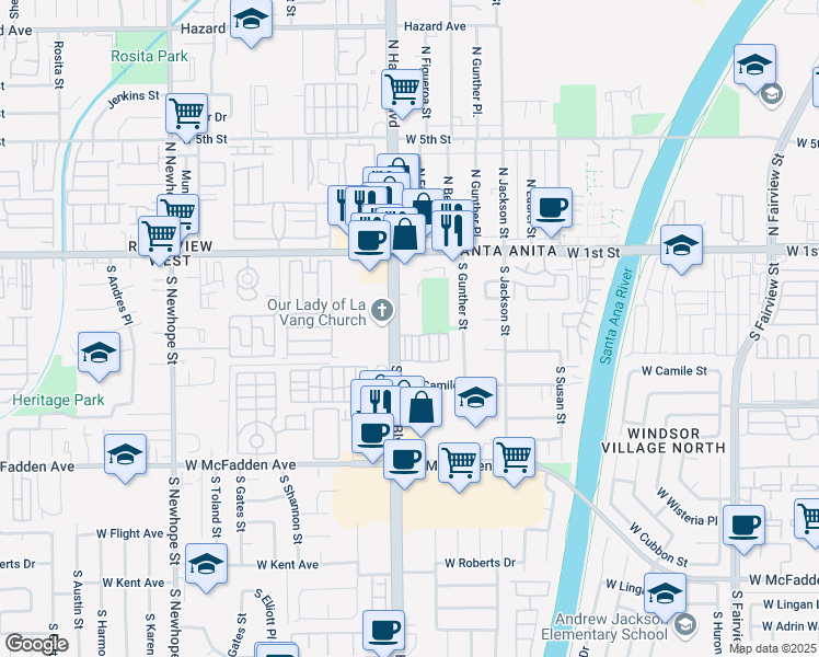 map of restaurants, bars, coffee shops, grocery stores, and more near 317 South Harbor Boulevard in Santa Ana