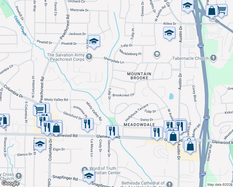 map of restaurants, bars, coffee shops, grocery stores, and more near 3594 Brookcrest Circle in Decatur
