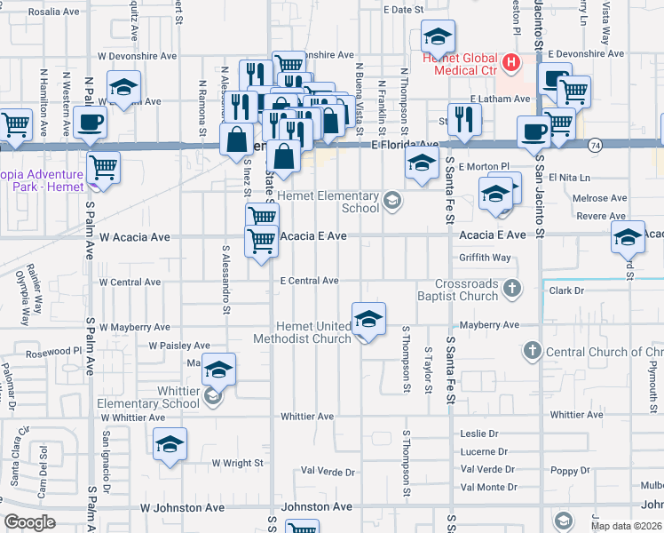 map of restaurants, bars, coffee shops, grocery stores, and more near 345 South Juanita Street in Hemet