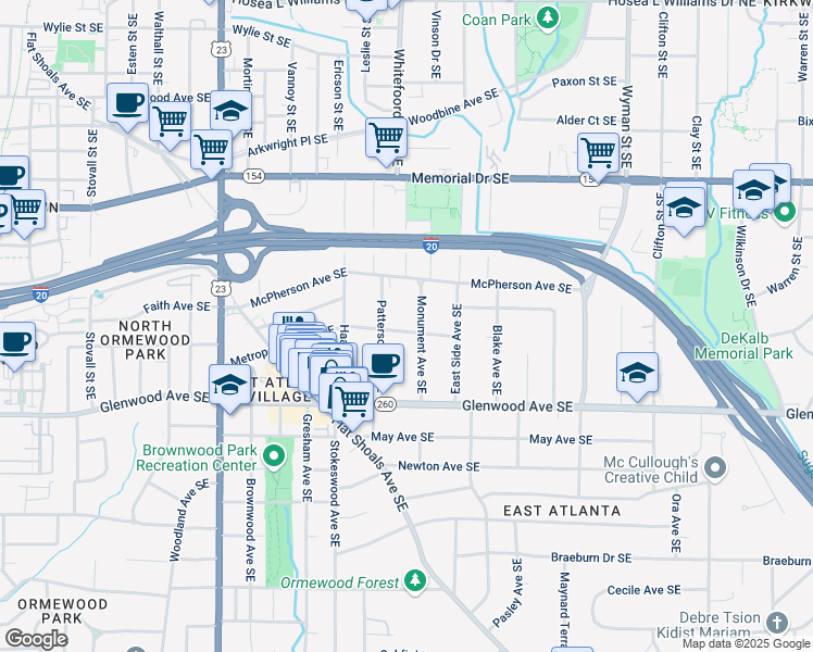 map of restaurants, bars, coffee shops, grocery stores, and more near 1388 Metropolitan Avenue Southeast in Atlanta