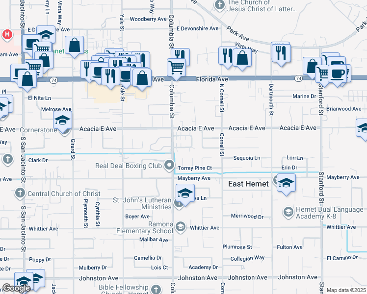 map of restaurants, bars, coffee shops, grocery stores, and more near 41067 Beachwood Avenue in Hemet