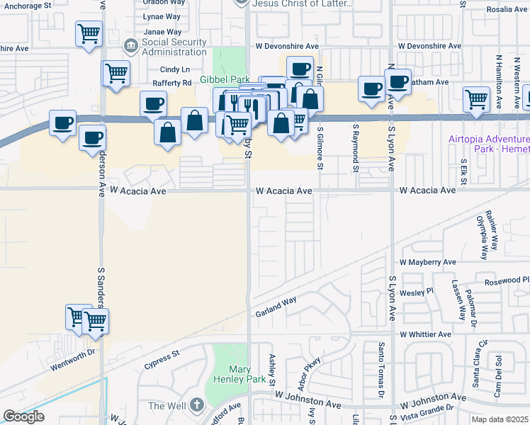 map of restaurants, bars, coffee shops, grocery stores, and more near 2450 Tahoe Circle in Hemet