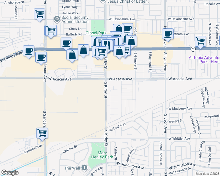 map of restaurants, bars, coffee shops, grocery stores, and more near 2450 Tahoe Circle in Hemet