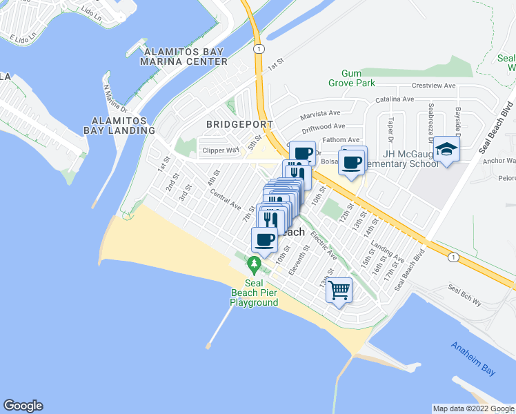 map of restaurants, bars, coffee shops, grocery stores, and more near 209 1/2 Main Street in Seal Beach