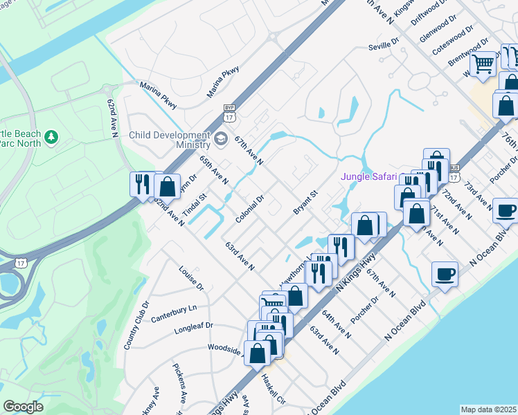 map of restaurants, bars, coffee shops, grocery stores, and more near 6314B Colonial Drive in Myrtle Beach