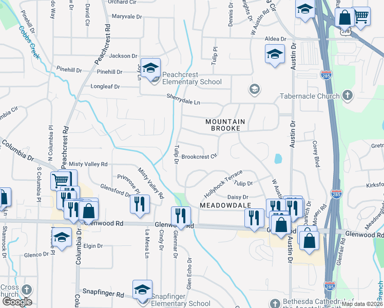 map of restaurants, bars, coffee shops, grocery stores, and more near 3594 Brookcrest Circle in Decatur