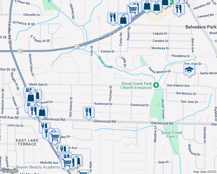 map of restaurants, bars, coffee shops, grocery stores, and more near 1695 Thomas Street in Decatur