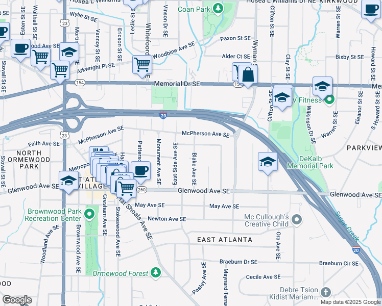 map of restaurants, bars, coffee shops, grocery stores, and more near 403 Blake Avenue Southeast in Atlanta