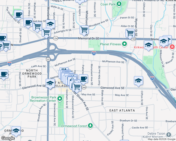 map of restaurants, bars, coffee shops, grocery stores, and more near 1384 Metropolitan Avenue Southeast in Atlanta