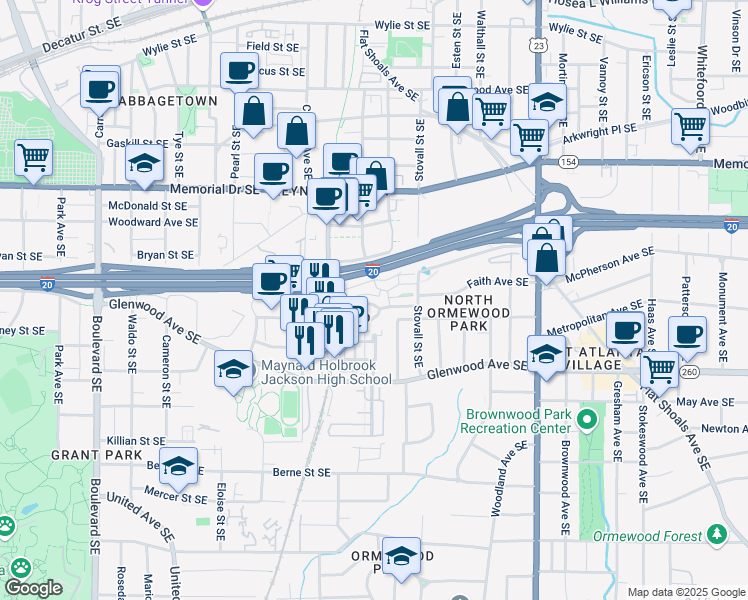 map of restaurants, bars, coffee shops, grocery stores, and more near 956 Glenwood Park Drive Southeast in Atlanta