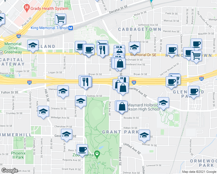 map of restaurants, bars, coffee shops, grocery stores, and more near 505 Glenwood Avenue Southeast in Atlanta