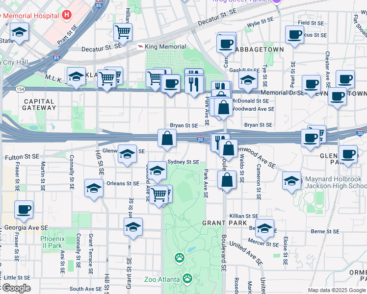 map of restaurants, bars, coffee shops, grocery stores, and more near 481 Glenwood Avenue Southeast in Atlanta