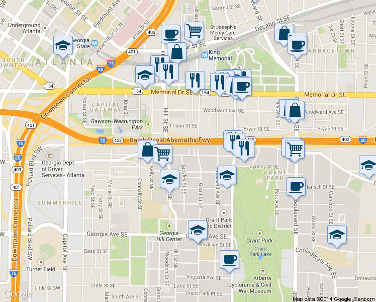 map of restaurants, bars, coffee shops, grocery stores, and more near 318 Glenwood Avenue Southeast in Atlanta