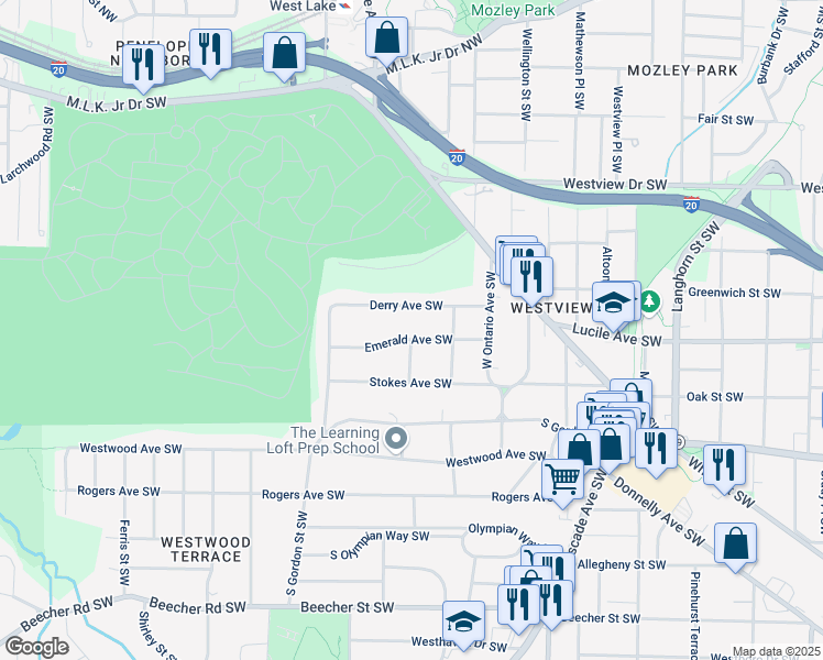 map of restaurants, bars, coffee shops, grocery stores, and more near 1679 Emerald Avenue Southwest in Atlanta