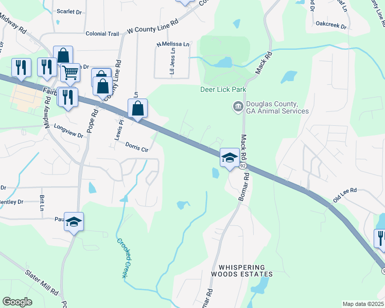map of restaurants, bars, coffee shops, grocery stores, and more near in Douglasville