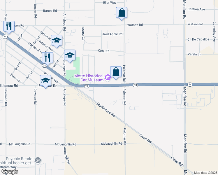 map of restaurants, bars, coffee shops, grocery stores, and more near 28588 Abbey Lane in Menifee