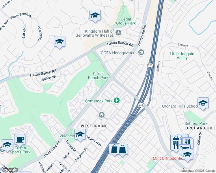 map of restaurants, bars, coffee shops, grocery stores, and more near 21 Carriage Drive in Irvine