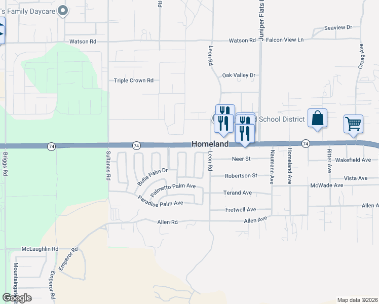 map of restaurants, bars, coffee shops, grocery stores, and more near 26032 Ivory Palm Drive in Homeland
