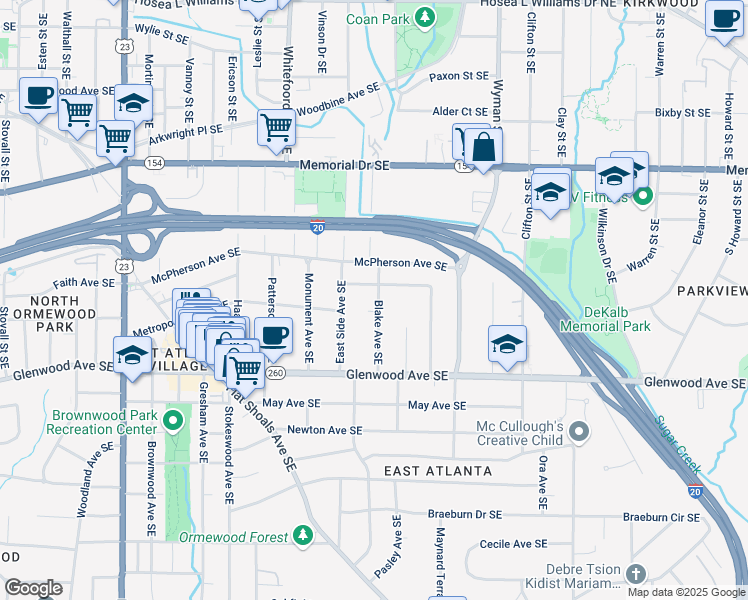 map of restaurants, bars, coffee shops, grocery stores, and more near 403 Blake Avenue Southeast in Atlanta