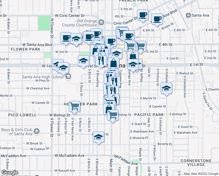 map of restaurants, bars, coffee shops, grocery stores, and more near 320 South Main Street in Santa Ana