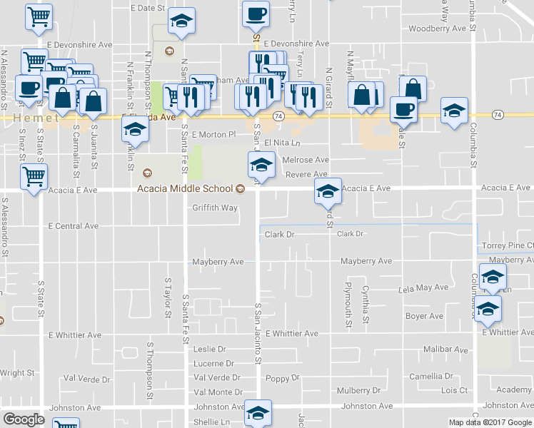 map of restaurants, bars, coffee shops, grocery stores, and more near 40276 Central Avenue in Hemet