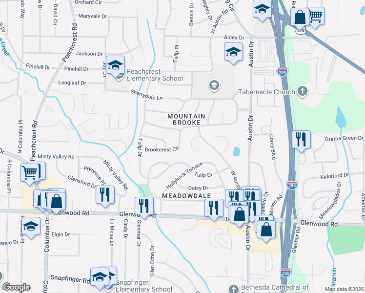 map of restaurants, bars, coffee shops, grocery stores, and more near 3659 Brookcrest Circle in Decatur