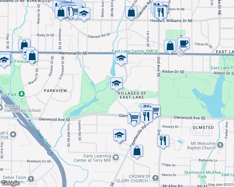 map of restaurants, bars, coffee shops, grocery stores, and more near 300 East Lake Boulevard Southeast in Atlanta
