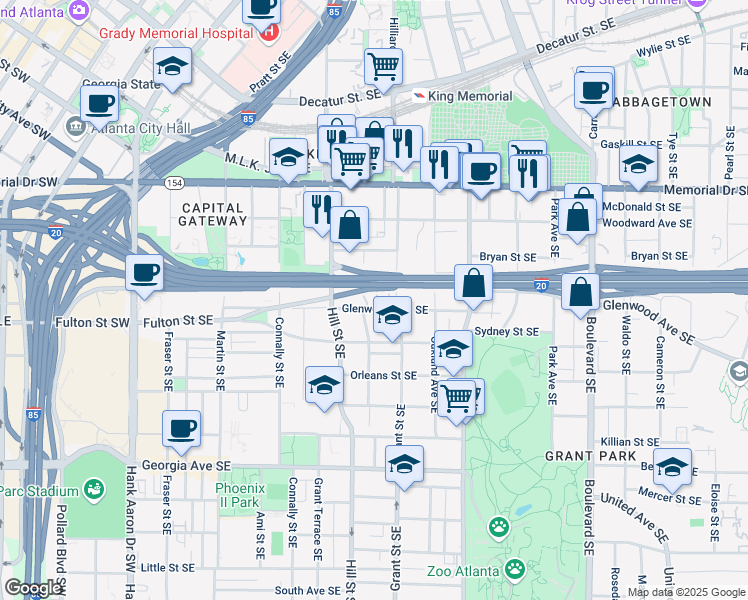 map of restaurants, bars, coffee shops, grocery stores, and more near 318 Glenwood Avenue Southeast in Atlanta