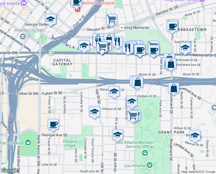 map of restaurants, bars, coffee shops, grocery stores, and more near 310 Glenwood Avenue Southeast in Atlanta