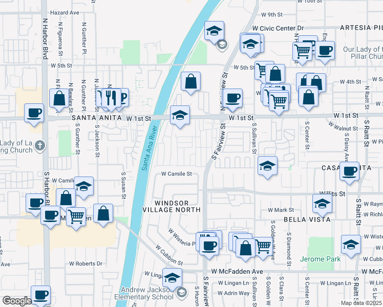 map of restaurants, bars, coffee shops, grocery stores, and more near in Santa Ana