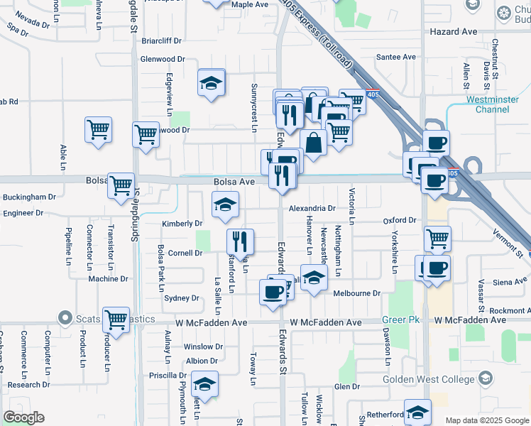 map of restaurants, bars, coffee shops, grocery stores, and more near 6401 Yale Circle in Huntington Beach