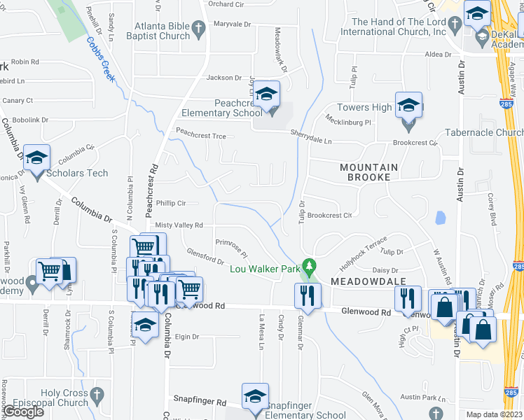 map of restaurants, bars, coffee shops, grocery stores, and more near 3513 Brookfield Lane in Decatur
