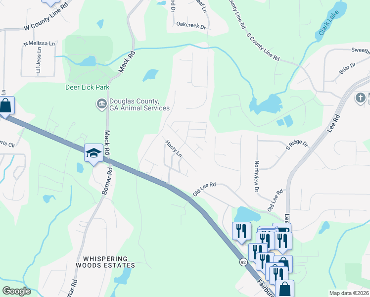 map of restaurants, bars, coffee shops, grocery stores, and more near 2390 Dallas Highway in Douglasville
