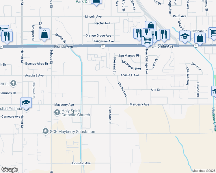 map of restaurants, bars, coffee shops, grocery stores, and more near 42980 Avenida Gato in Hemet