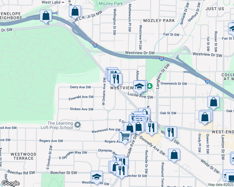 map of restaurants, bars, coffee shops, grocery stores, and more near 456 East Ontario Avenue Southwest in Atlanta