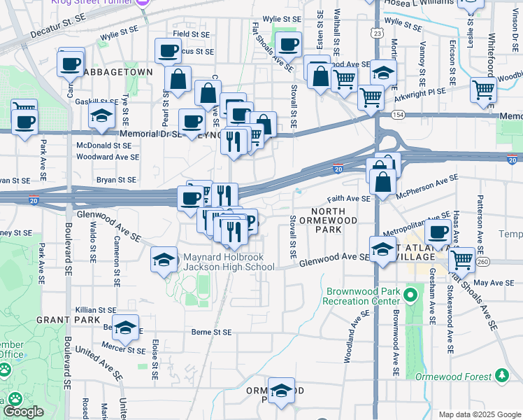 map of restaurants, bars, coffee shops, grocery stores, and more near 956 Glenwood Park Drive Southeast in Atlanta