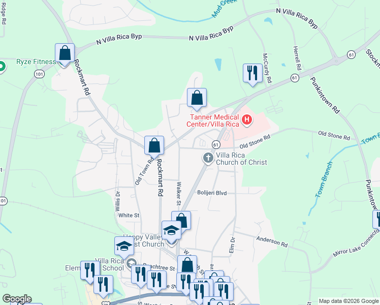 map of restaurants, bars, coffee shops, grocery stores, and more near 490 Old Stone Road in Villa Rica