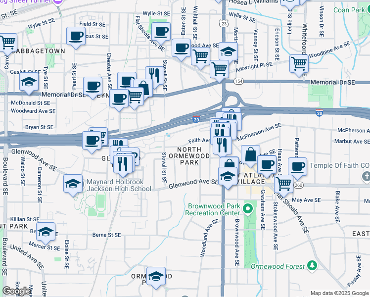 map of restaurants, bars, coffee shops, grocery stores, and more near 1065 Faith Avenue Southeast in Atlanta