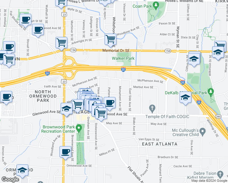 map of restaurants, bars, coffee shops, grocery stores, and more near 1382 Metropolitan Avenue Southeast in Atlanta