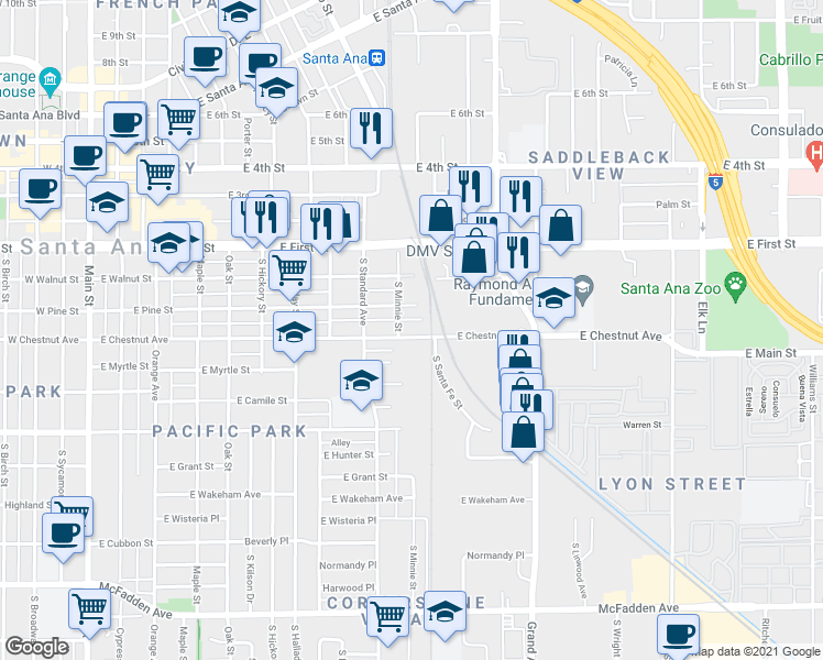 map of restaurants, bars, coffee shops, grocery stores, and more near 1011 East Chestnut Avenue in Santa Ana