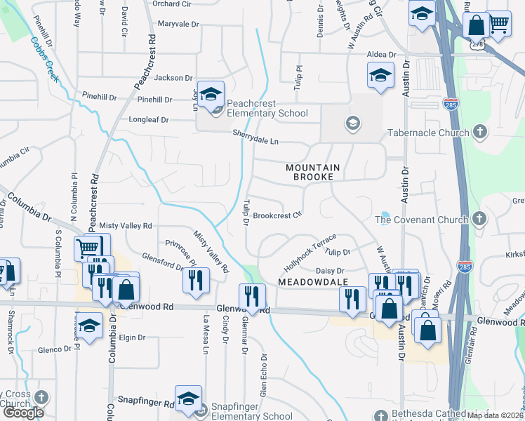 map of restaurants, bars, coffee shops, grocery stores, and more near 3594 Brookcrest Circle in Decatur