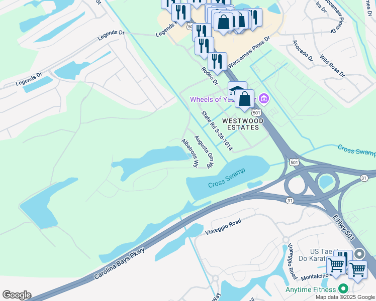 map of restaurants, bars, coffee shops, grocery stores, and more near 225 Greenleaf Circle in Myrtle Beach