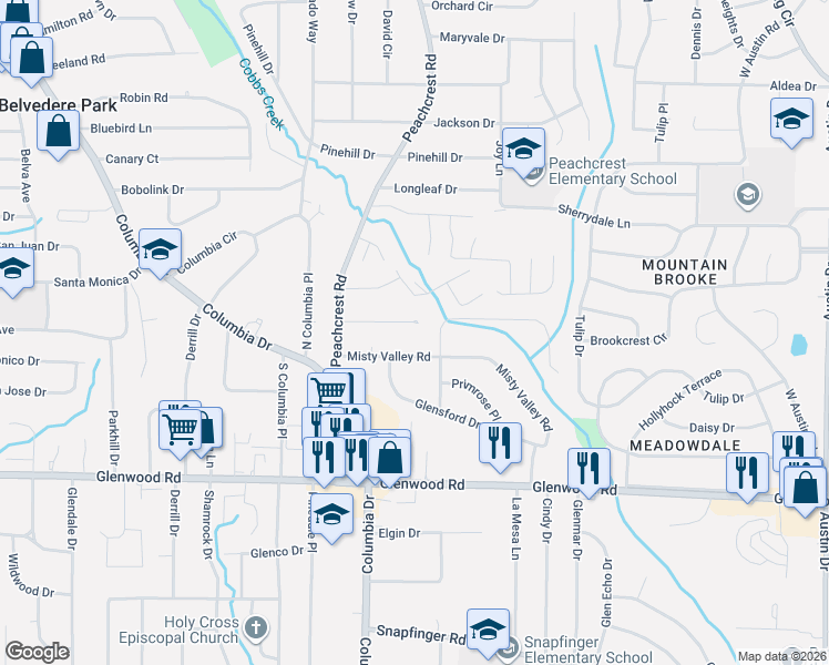 map of restaurants, bars, coffee shops, grocery stores, and more near 3396 Misty Valley Road in Decatur
