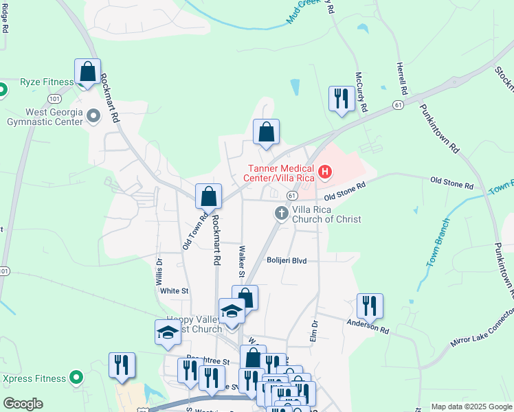map of restaurants, bars, coffee shops, grocery stores, and more near 490 Old Stone Road in Villa Rica