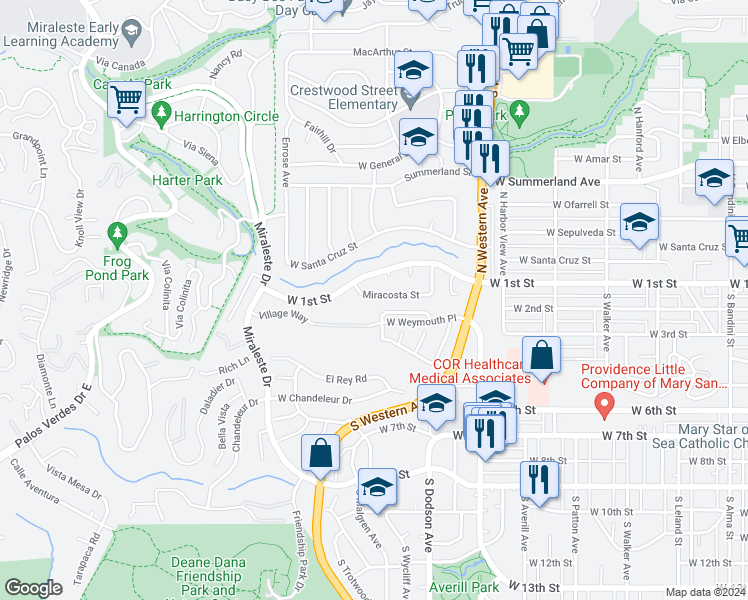 map of restaurants, bars, coffee shops, grocery stores, and more near 1719 Miracosta Street in Los Angeles