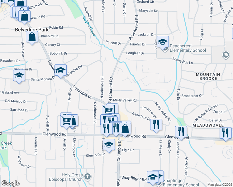 map of restaurants, bars, coffee shops, grocery stores, and more near 3360 Misty Valley Road in Decatur