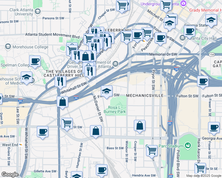 map of restaurants, bars, coffee shops, grocery stores, and more near 395 Fulton Street Southwest in Atlanta